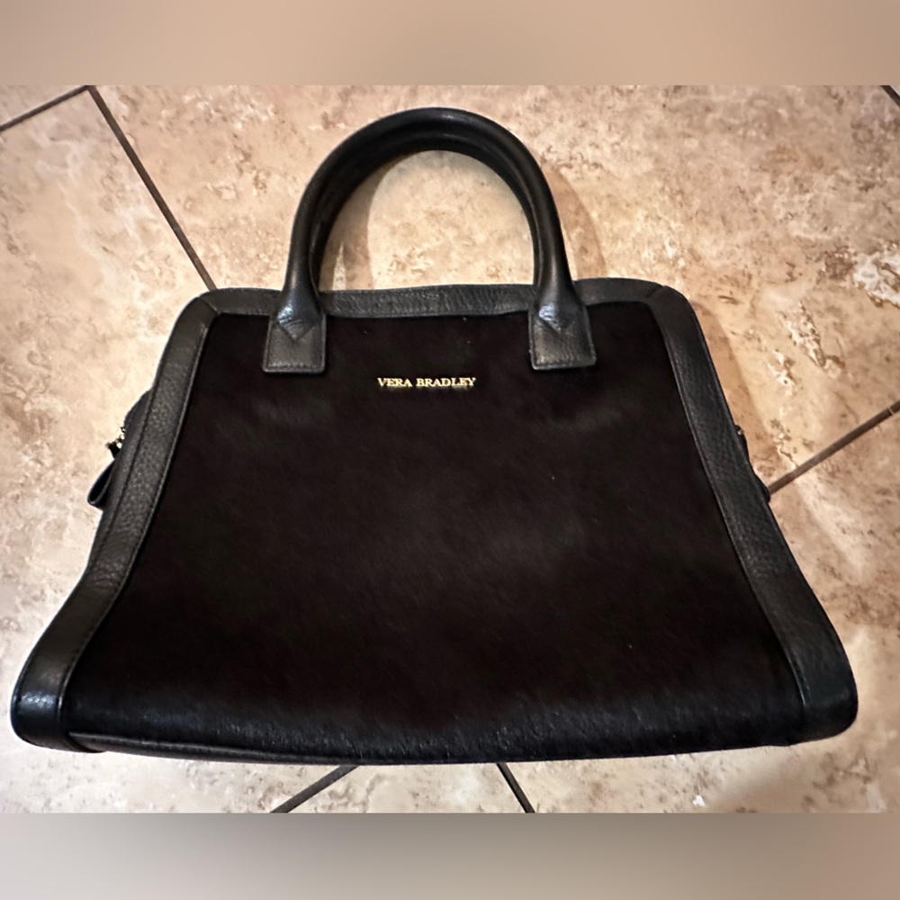 RARE~Vera Bradley Black Cowhide Leather Handbag - Picture 1 of 12
